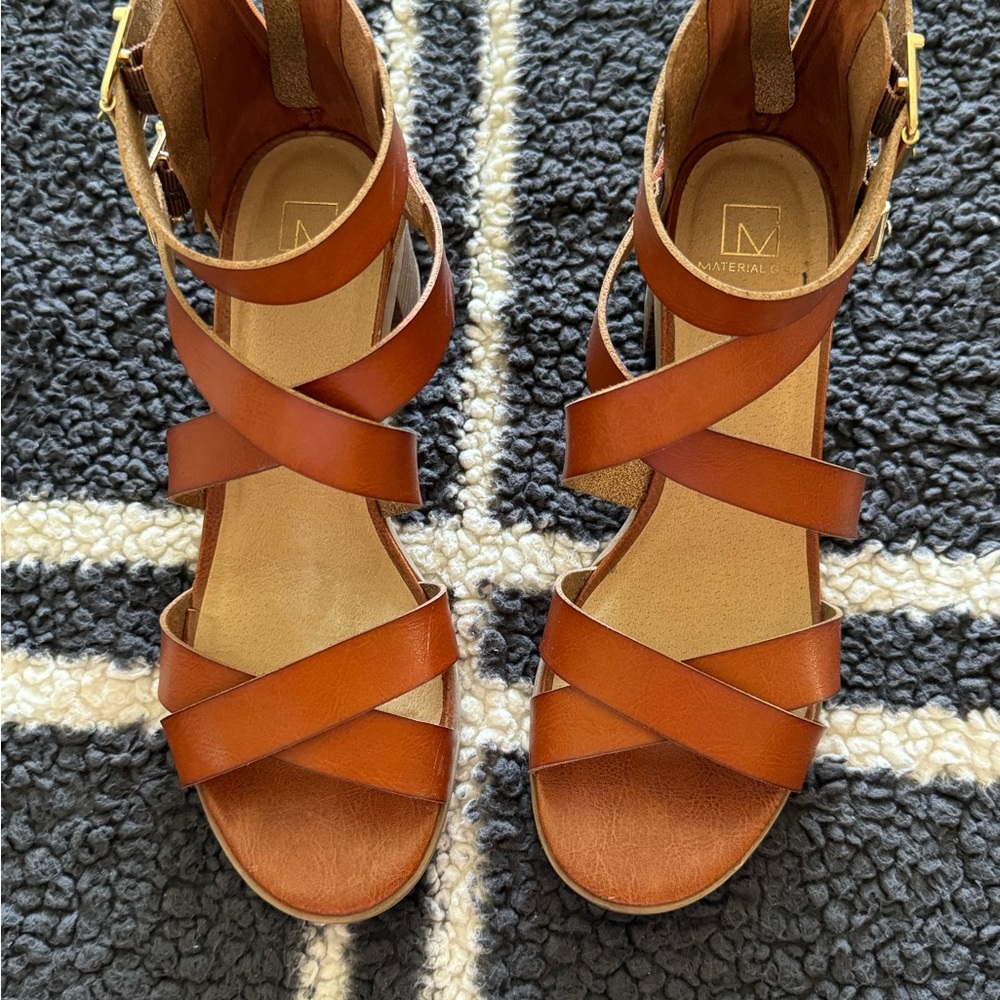 Material Girl Brown Strappy Sandals with Wedge Heel